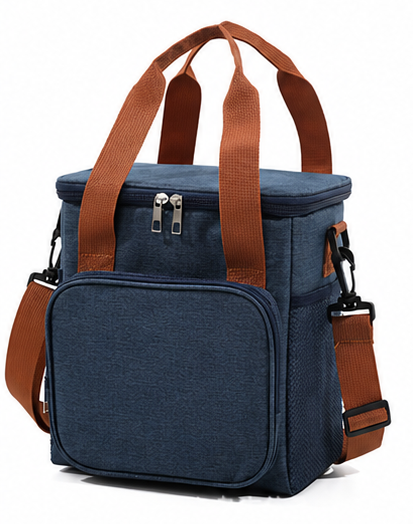 Double deck leak-proof lunch tote in navy blue with adjustable shoulder strap and carrying handles.
