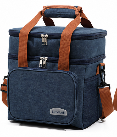 Double deck leak-proof lunch tote in navy blue with adjustable straps and collapsible design.