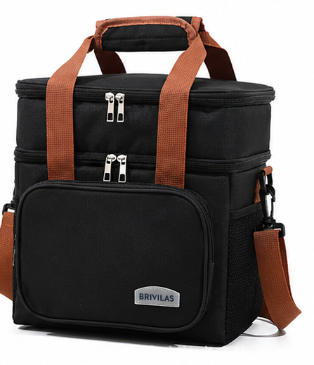 Double deck leak-proof lunch tote with adjustable straps and zippered compartments.