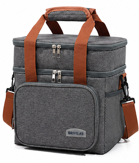 Double deck leak-proof lunch tote in gray with adjustable straps and front pocket.