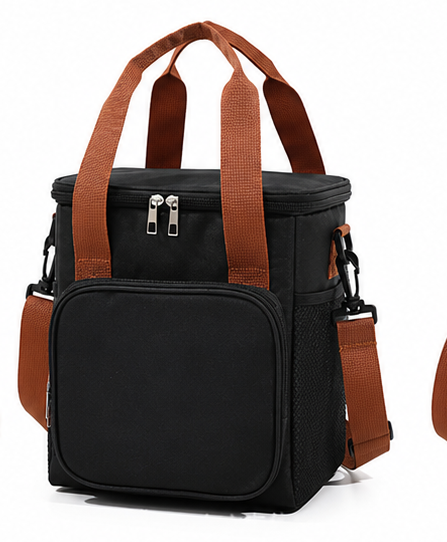 Double deck leak-proof lunch tote with adjustable strap and front pocket for convenience and portability.
